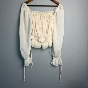 Allard State Cream Swiss Dot Sheer Peasant Chiffon Long Sleeve Crop Blouse Sz M